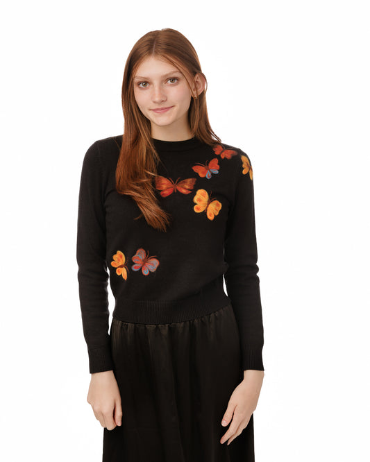 Danna Bella Black Knit Sweater With Butterfly Felt Print TW5725T-A