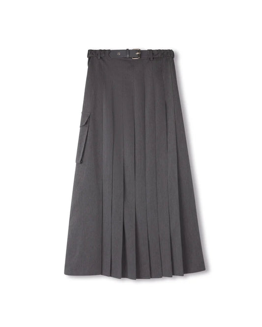 Beige Grey Wool Belted Skirt W-21377