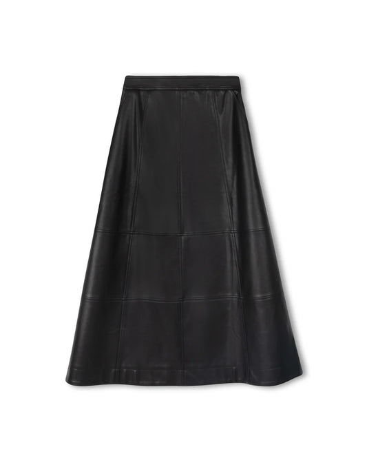 Slate Blk Leather Seam Detailed A Line Skirt W-21459