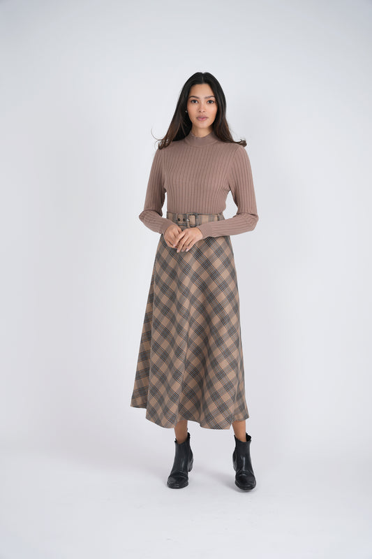 Midi Charcoal Plaid Belted Skirt WB3CM8581SM