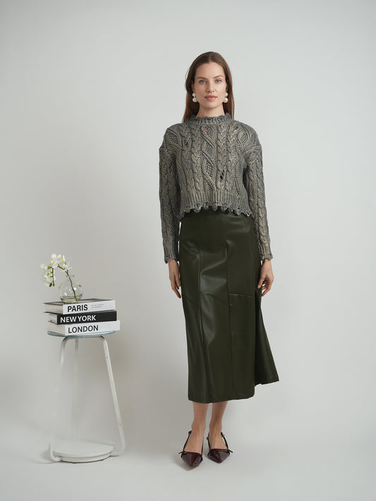 Versatile olive Leather paneled midi Skirt WB4CM1074SM