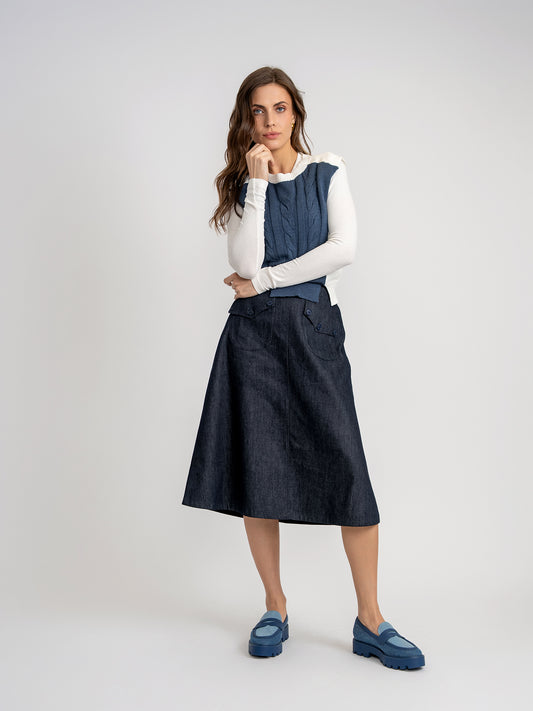 Nox-NY Dark Denim Front Pockets Midi Skirt DW5PT6592