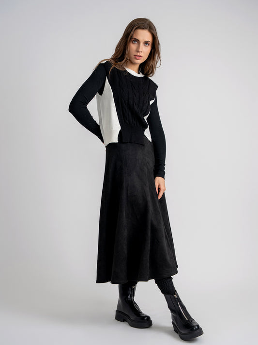 Ginger Black Suede Midi Crinkle Pleated Skirt WB5CPT7289M