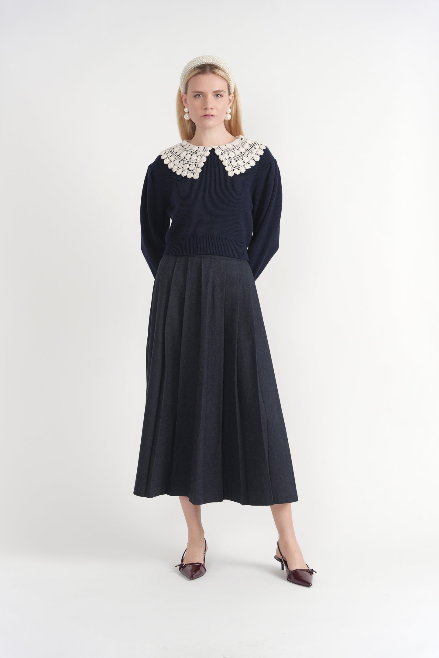 Birt UK Navy Ribbed Sweater with Crochet Collar WB6CM2325TE