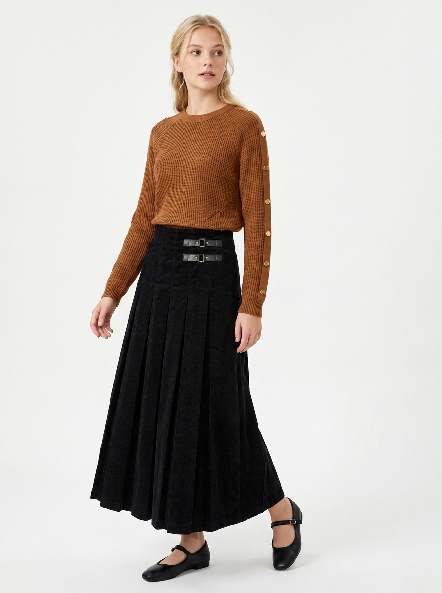 Legend Black Corduroy Pleated Skirt with Leather Straps WB6CPT7452SP