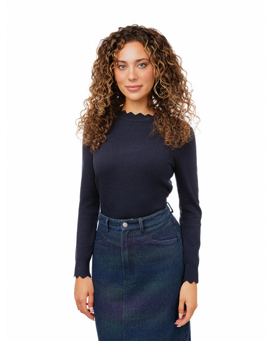 Weekend Navy Scalloped Knit Top WW5212T-A