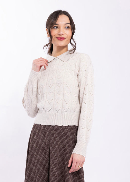 Knitted Ivory Pointelle Sweater with Scalloped Edges KN158