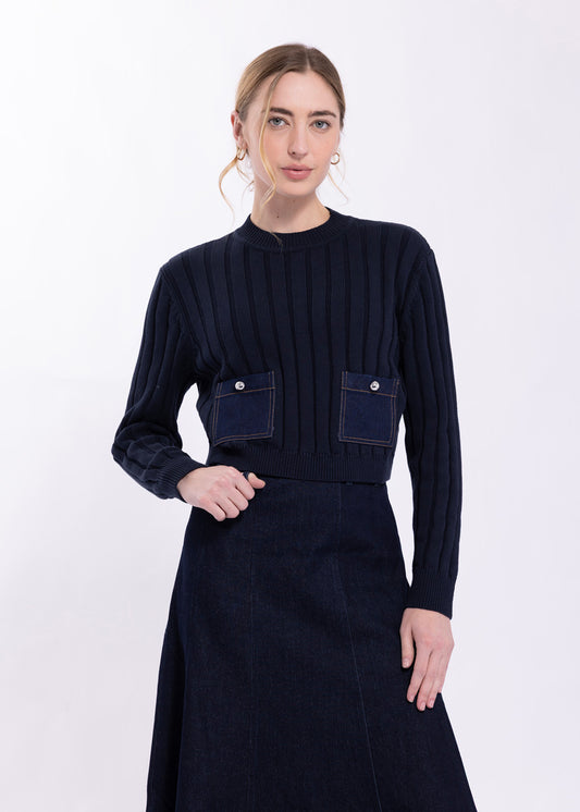 Knitted Navy/Denim Pocket Sweater KN163