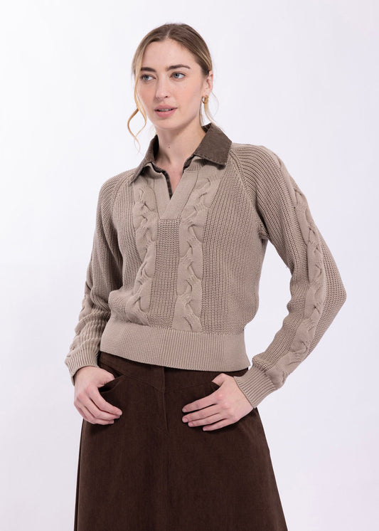 Knitted Beige Cable Detail with Denim Collar KN164