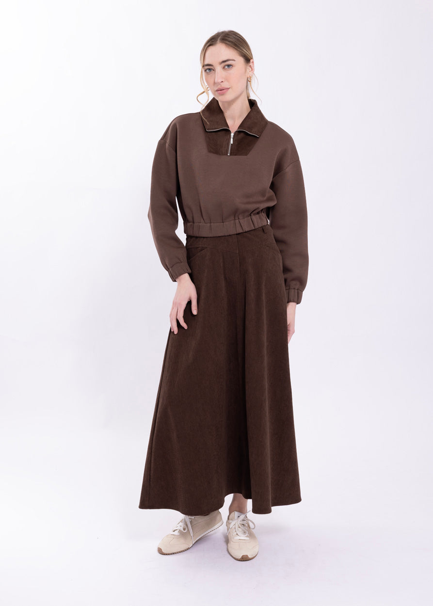 Monn Brown Corduroy Skirt with V Yoke M718B