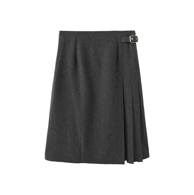 Story Grey Side Pleated Wool Skirt W-26919