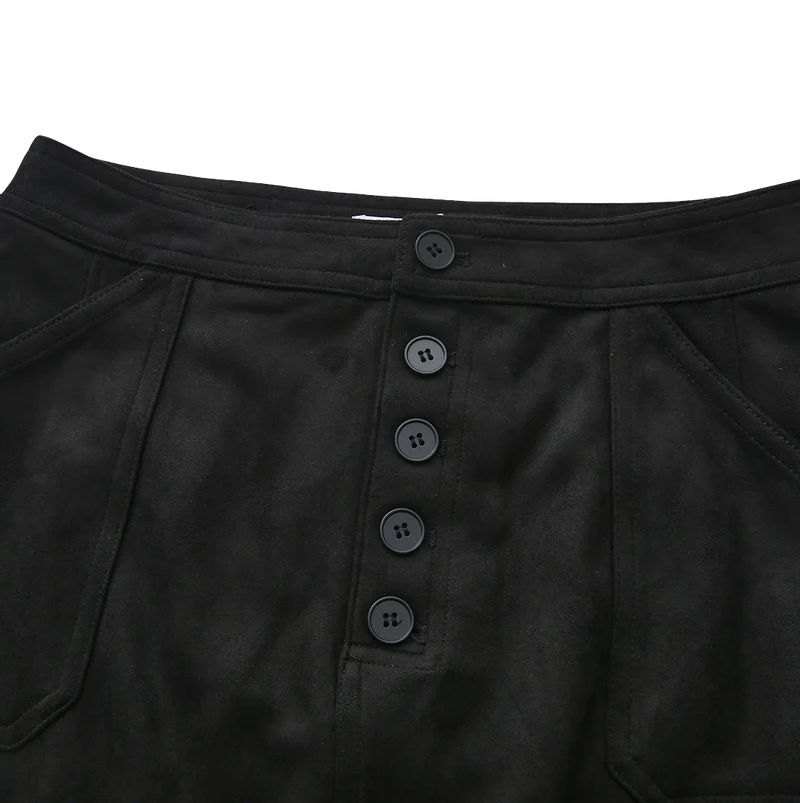 Story Black Suede Straight Skirt with Button Detail W-29389