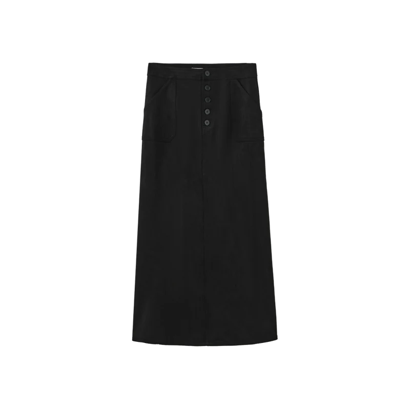 Story Black Suede Straight Skirt with Button Detail W-29389