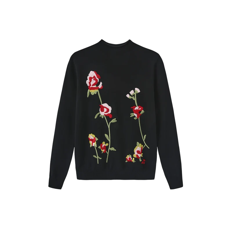 Novella Black Floral Mock Neck Knit Sweater W-28587