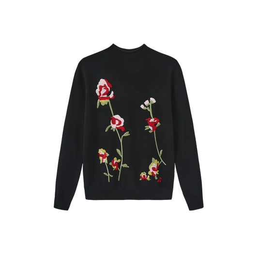 Novella Black Floral Mock Neck Knit Sweater W-28587