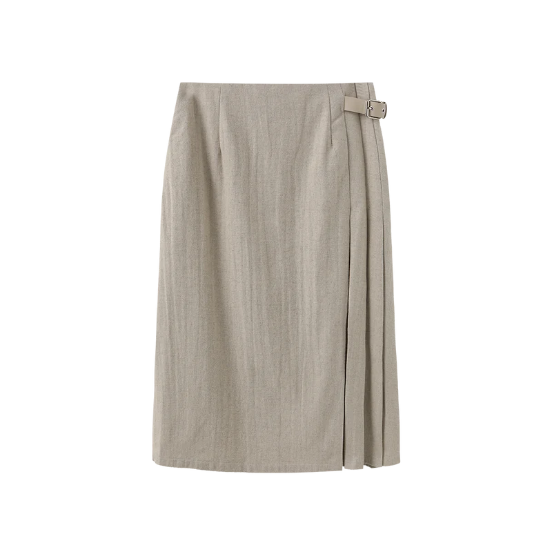 Story Beige Side Pleated Wool Skirt W-26919