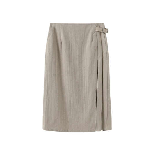 Story Beige Side Pleated Wool Skirt W-26919
