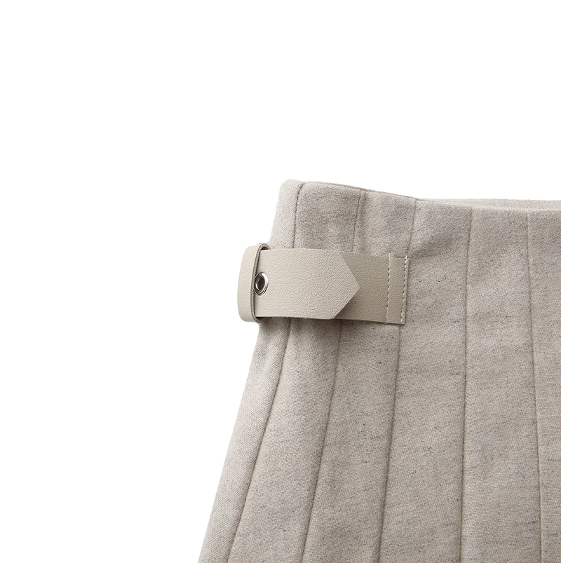 Story Beige Side Pleated Wool Skirt W-26919