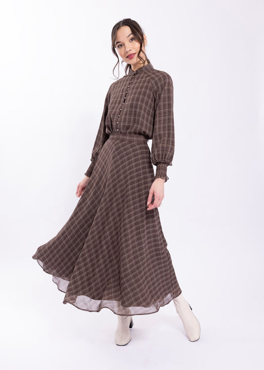 Soie Brown Plaid Pleated Skirt SO303