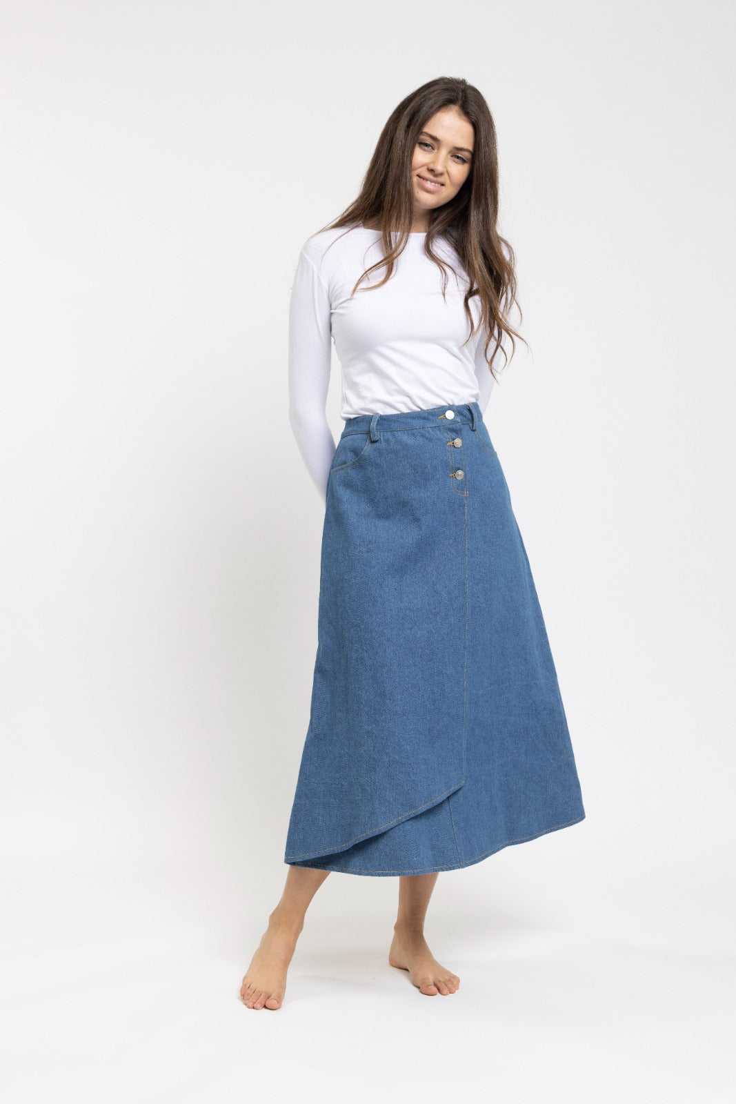 Danna Bella Blue Wrap Skirt with Buttons/Pockets TNS23501-A